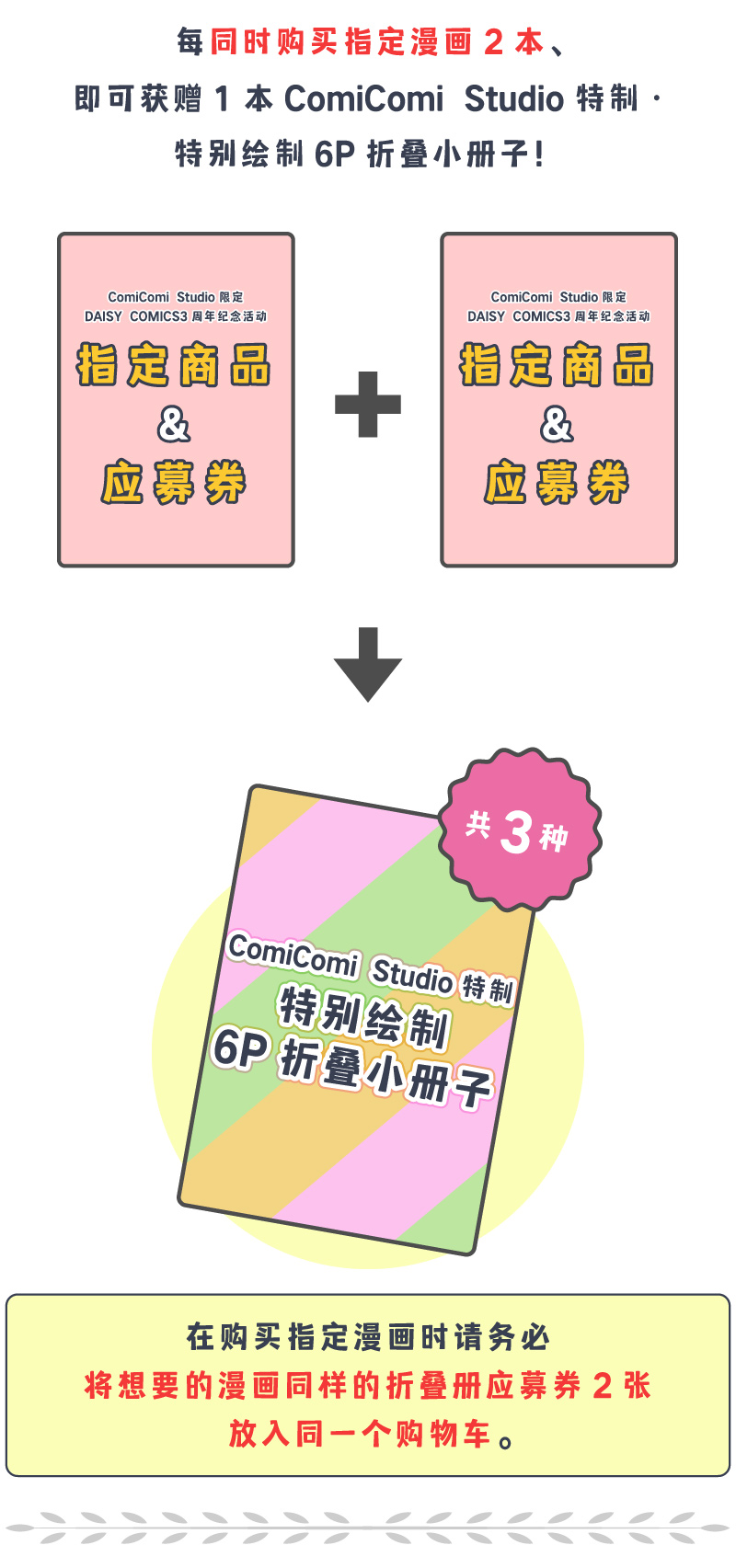 フェア対象商品2冊同時購入ごとに、 コミコミスタジオ特製・描き下ろし6Pリーフレット 1枚プレゼント!対象のコミックスをお買い上げの際に 必ずご希望の同じリーフレット応募券2枚が 同じカートに入っていることをご確認ください。