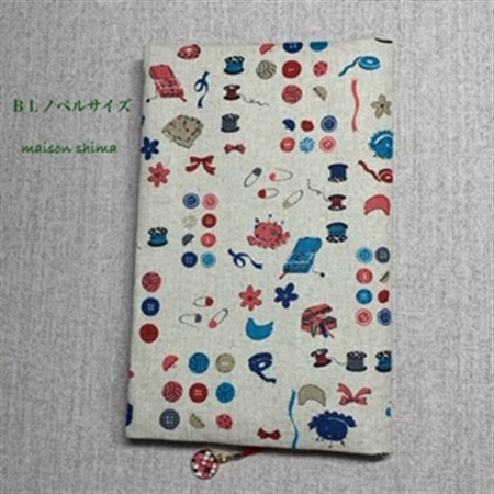 布製ブックカバー BLノベルサイズ「ソーイング柄(ピンク×ブルー)」